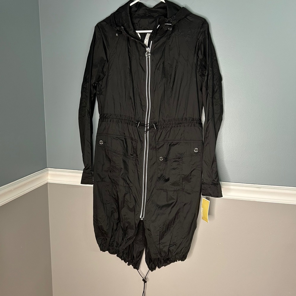 Michael Kors Womens Black Hooded Longline Windbreaker Parka Jacket Logo New